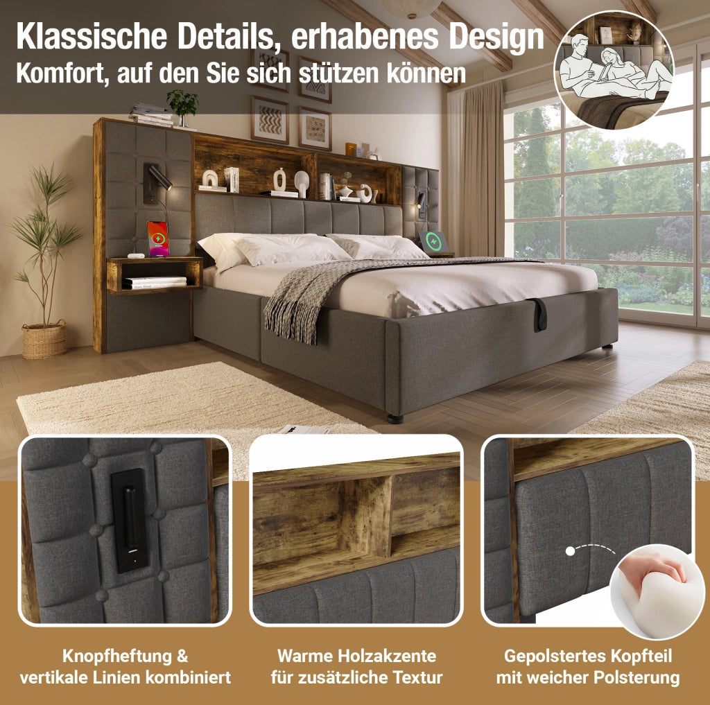 Letto matrimoniale 160x200 cm con contenitore idraulico; luci lettura e comodini; grigio