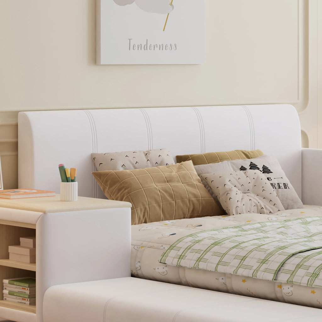 Letto imbottito per bambini 140x200 cm con scrivania e sgabello, velluto bianco