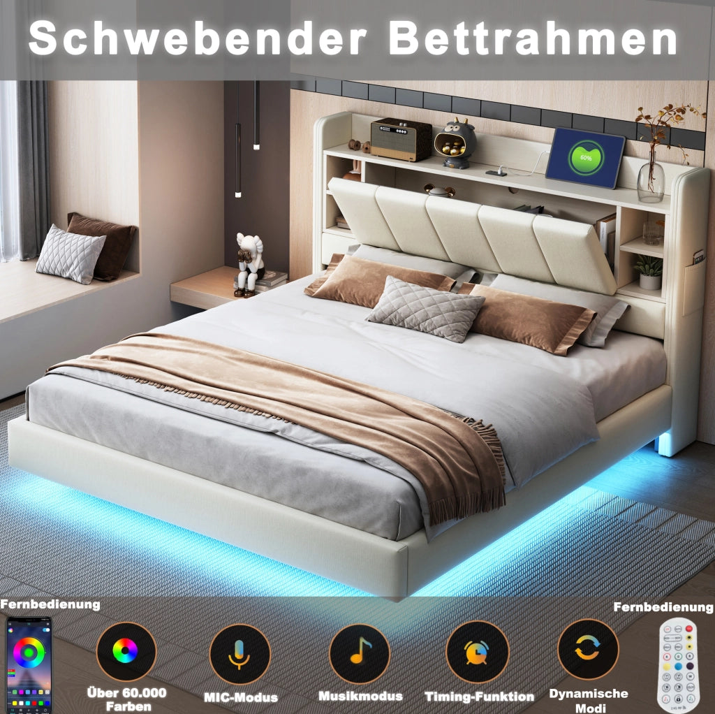 Letto matrimoniale imbottito beige 140 x 200 cm con LED, USB e contenitore