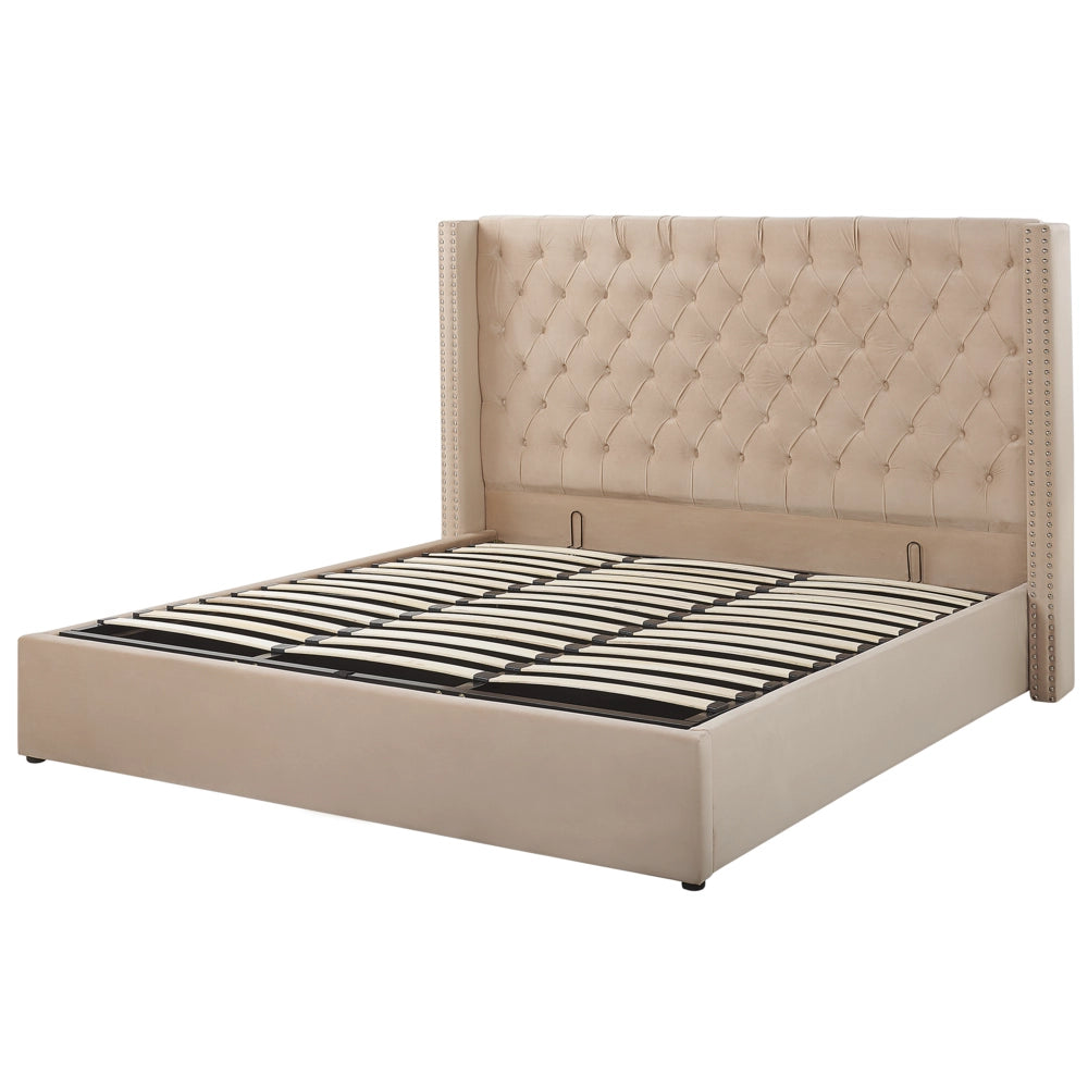 Letto con contenitore in velluto beige imbottito con testiera alta 18 m Super King Size