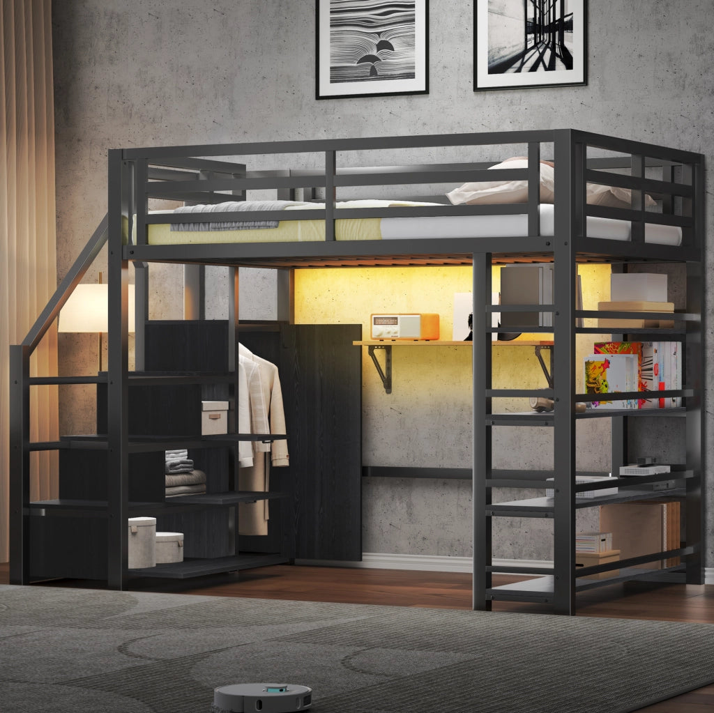 Letto a soppalco 140x200 con libreria, armadio, scala contenitore e LED