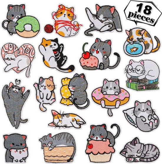 18 pezzi di tessuto con disegni di gatti per patchwork di ricamo, patch per riparazioni, applicazioni e adesivi per DIY, cucito, tessuto per cappelli, giacche, jeans, scarpe e borse.