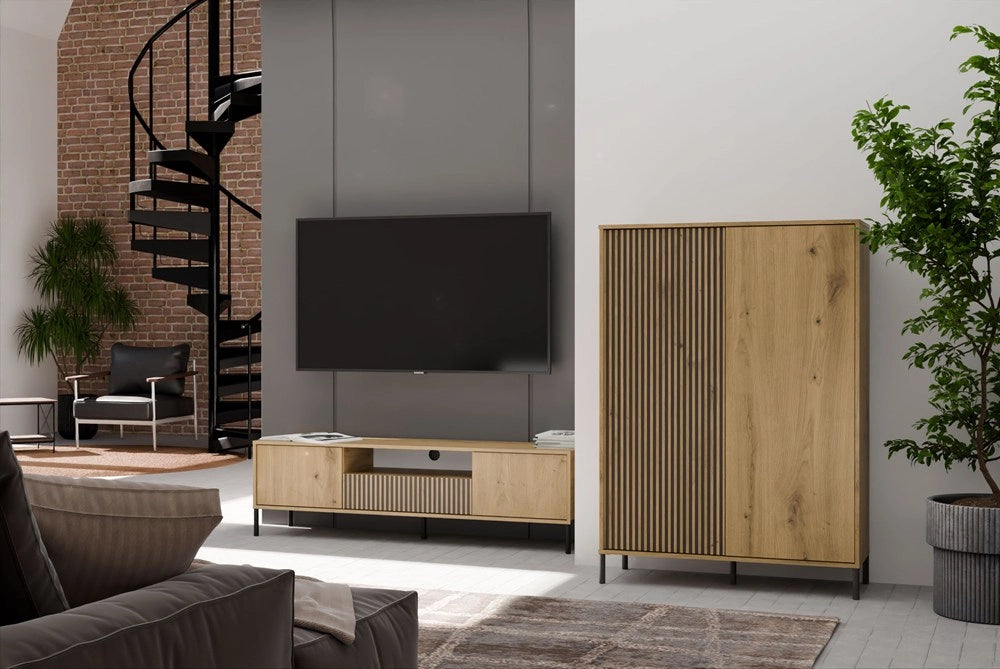 Vetrina KAMARO 2dd slim/liscio rovere artisan doghe decorative frontale scanalato + classico per soggiorno