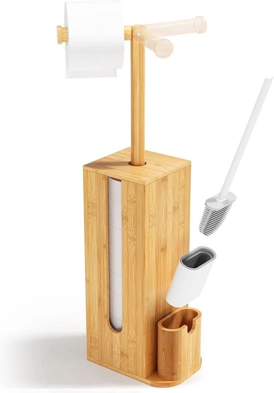 Supporto per carta igienica in legno di bambù 3-in-1 con spazzola per il water e contenitore, HBT 71,6 x 15,5 x 21,5 cm