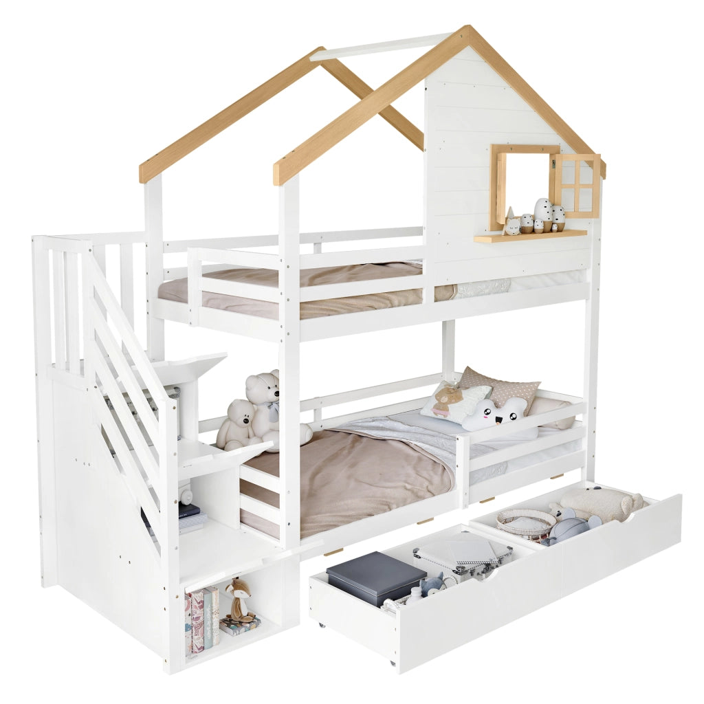 Letto a Castello 90x200 cm con Scala Contenitore; Finestra Apribile e Cassetti