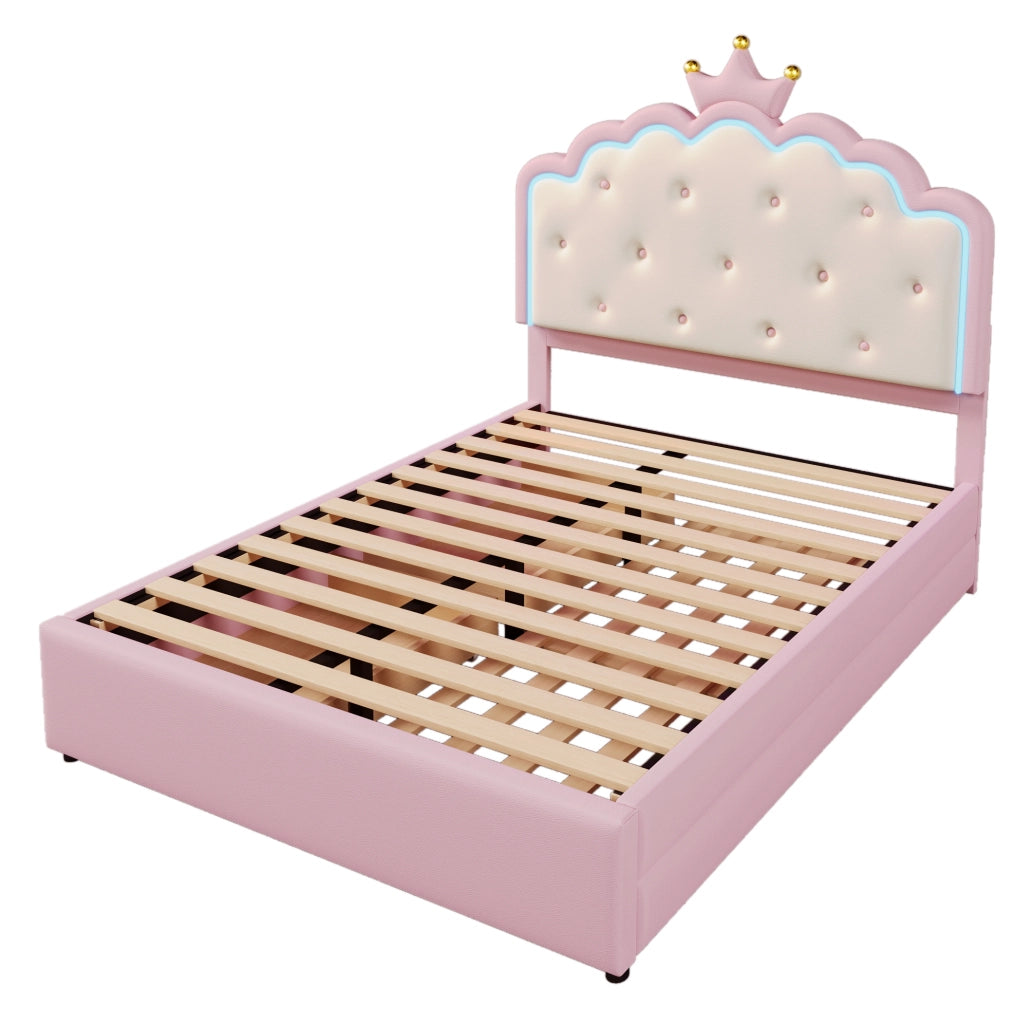 Letto imbottito 140x200 cm; luci LED e cassetti; PU; rosa (Senza materasso)
