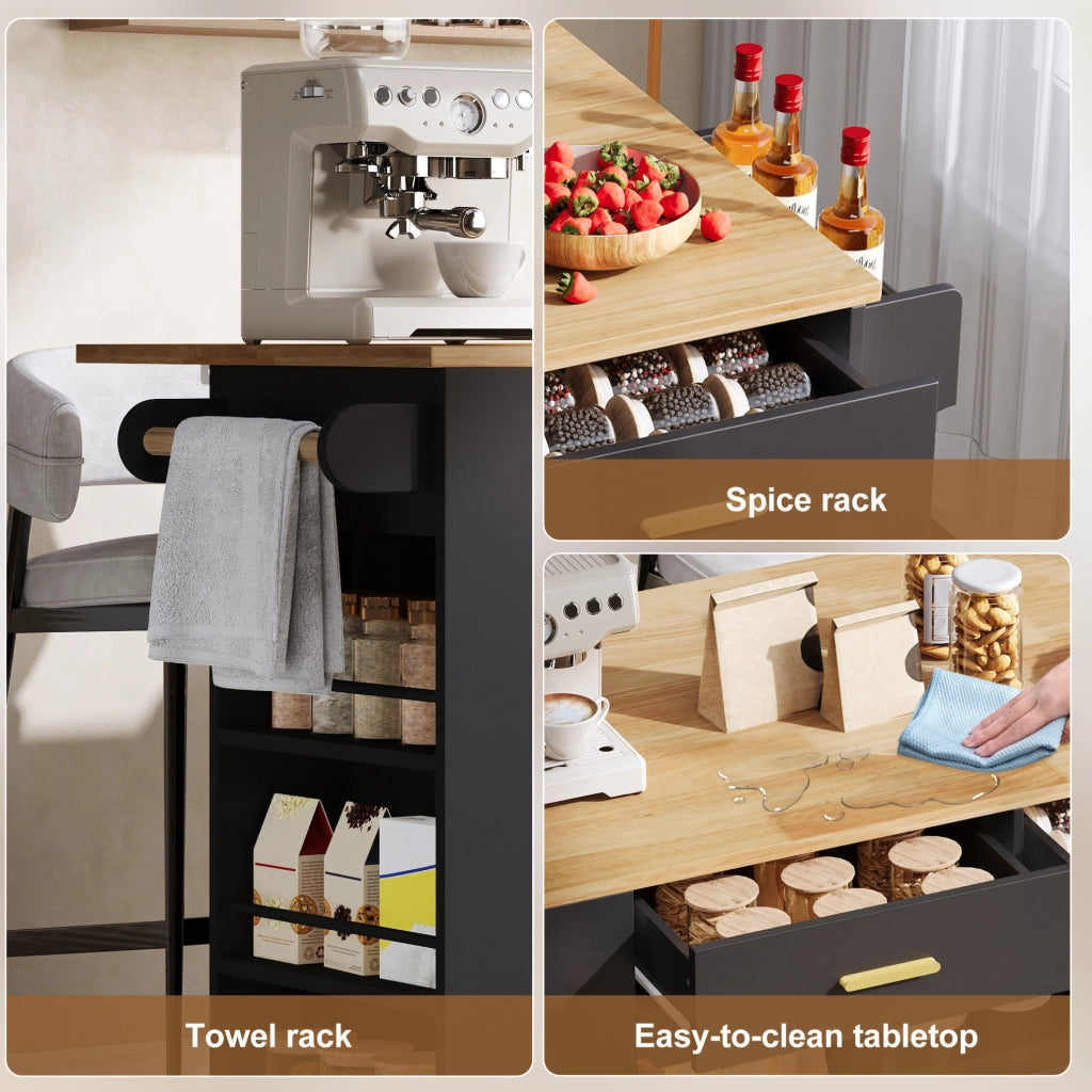 Isola cucina con piano ribaltabile 120x45(71)x90 cm in MDF nero e effetto legno