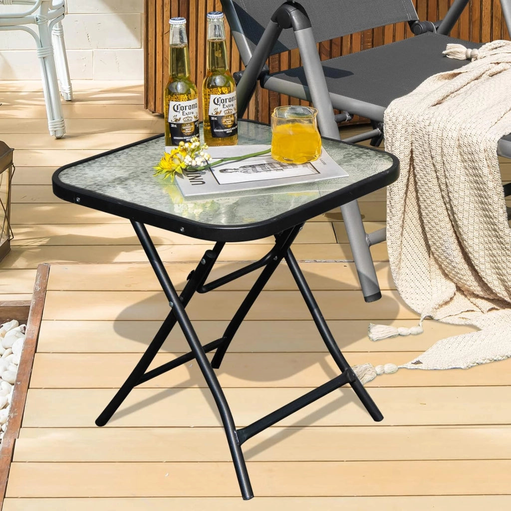 Tavolo Quadrato da Giardino, Tavolino Pieghevole e Portatile con Telaio Antiruggine con Superficie in Vetro Tavolo da Esterno per Cortile, Giardino e Balcone, 46,5 x 46,5 x 47,5 cm