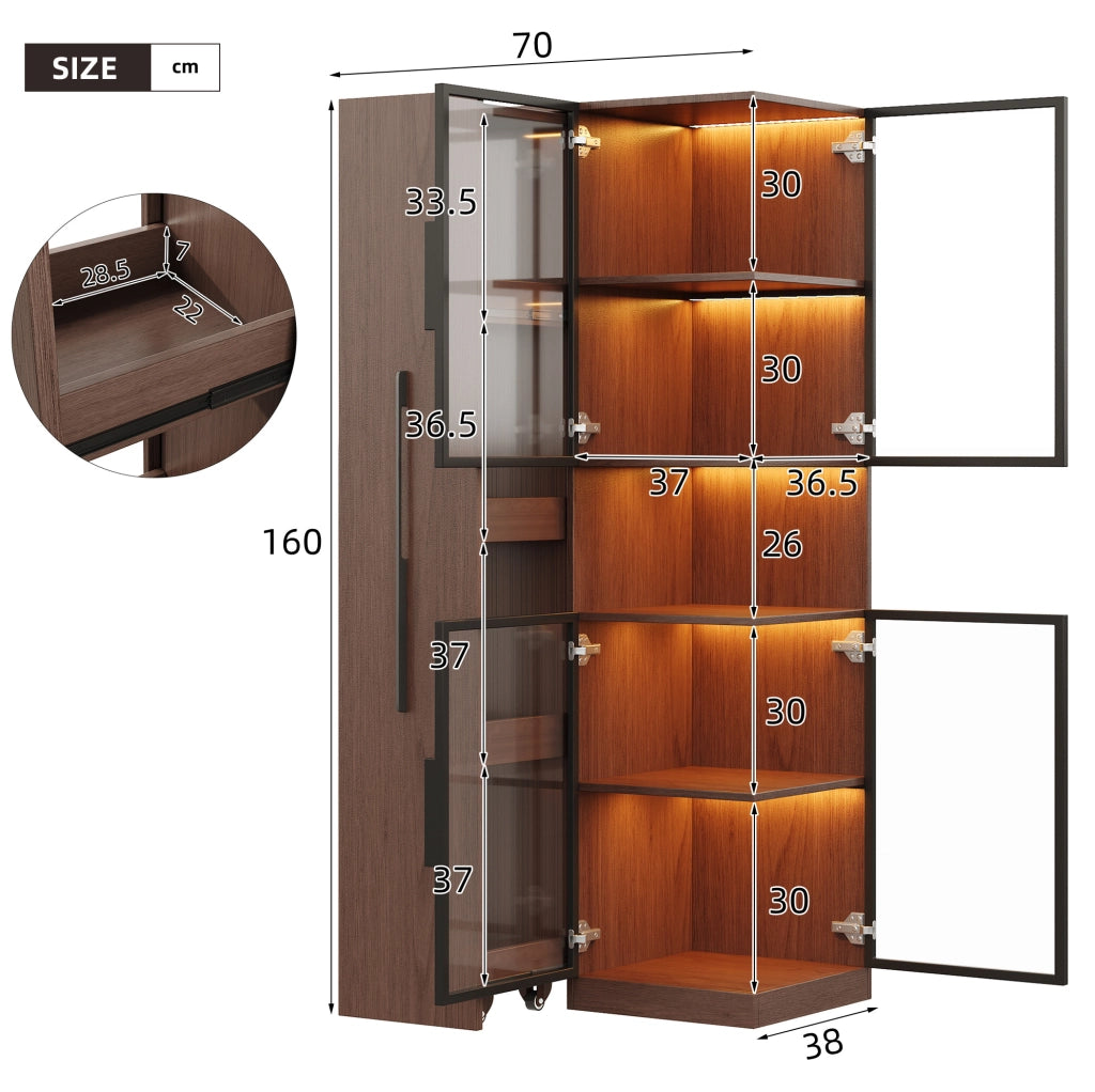 Vetrina alta 70x38x160 cm in MDF e vetro; finitura noce; con ripiani estraibili e LED