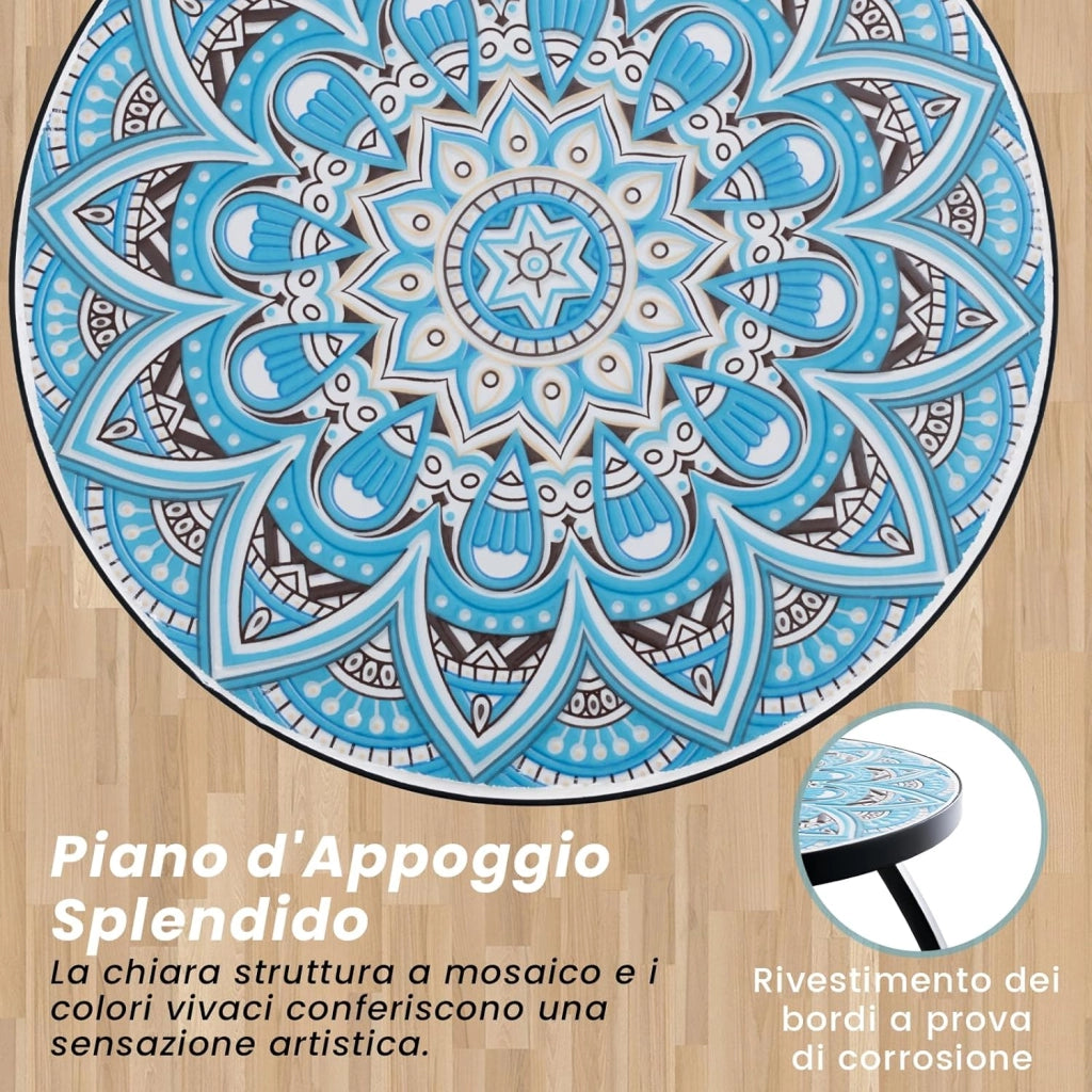 Tavolino per Esterno ed Interno, Tavolino Rotondo con Piano in Piastrelle di Ceramica e Gambe di Metallo, Tavolino Porta Piante da Balcone, Giardino e Salotto