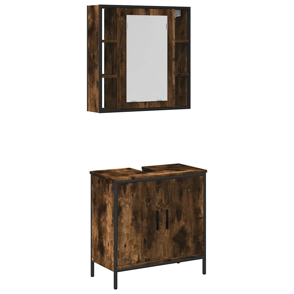 Set Mobili da Bagno 2 pz Rovere Fumo in Legno Multistrato
