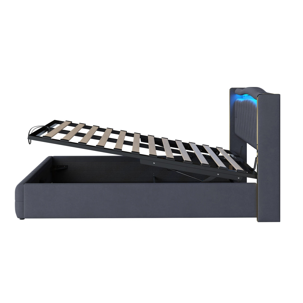 Letto contenitore 140 × 200 cm 2 posti con LED multicolore e vano idraulico, senza materasso, velluto nero