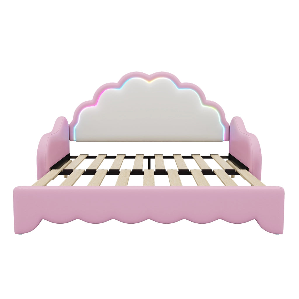OKWISH Letto Combinato 140×198 cm, Letto Matrimoniale convertibile con LED Multicolore e Testiera, senza Materasso, in PU, Rosa