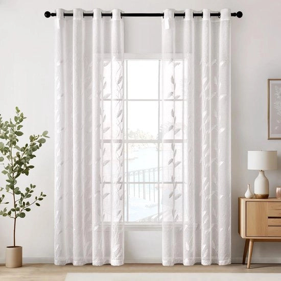 Set di tende a voile trasparente - Disegno foglie - Bella decorazione a maglia - Finestre moderne - H 160 x B 140 cm - Bianco, Set a 2 pezzi