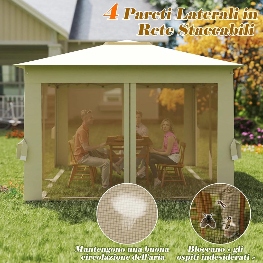Gazebo Pieghevole 3,4 x 3,4 m con Zanzariera, Gazebo da Giardino con Tende Laterali, Tenda da Giardino Antivento Facile da Montare Resistente 210D con Borsa di Trasporto (Beige)
