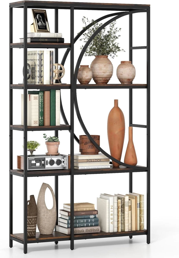 Libreria a Mezza Luna a 6 Livelli, 100 x 30 x 177 cm, con Struttura in Metallo e Ripiani Aperti, per Soggiorno e Ufficio