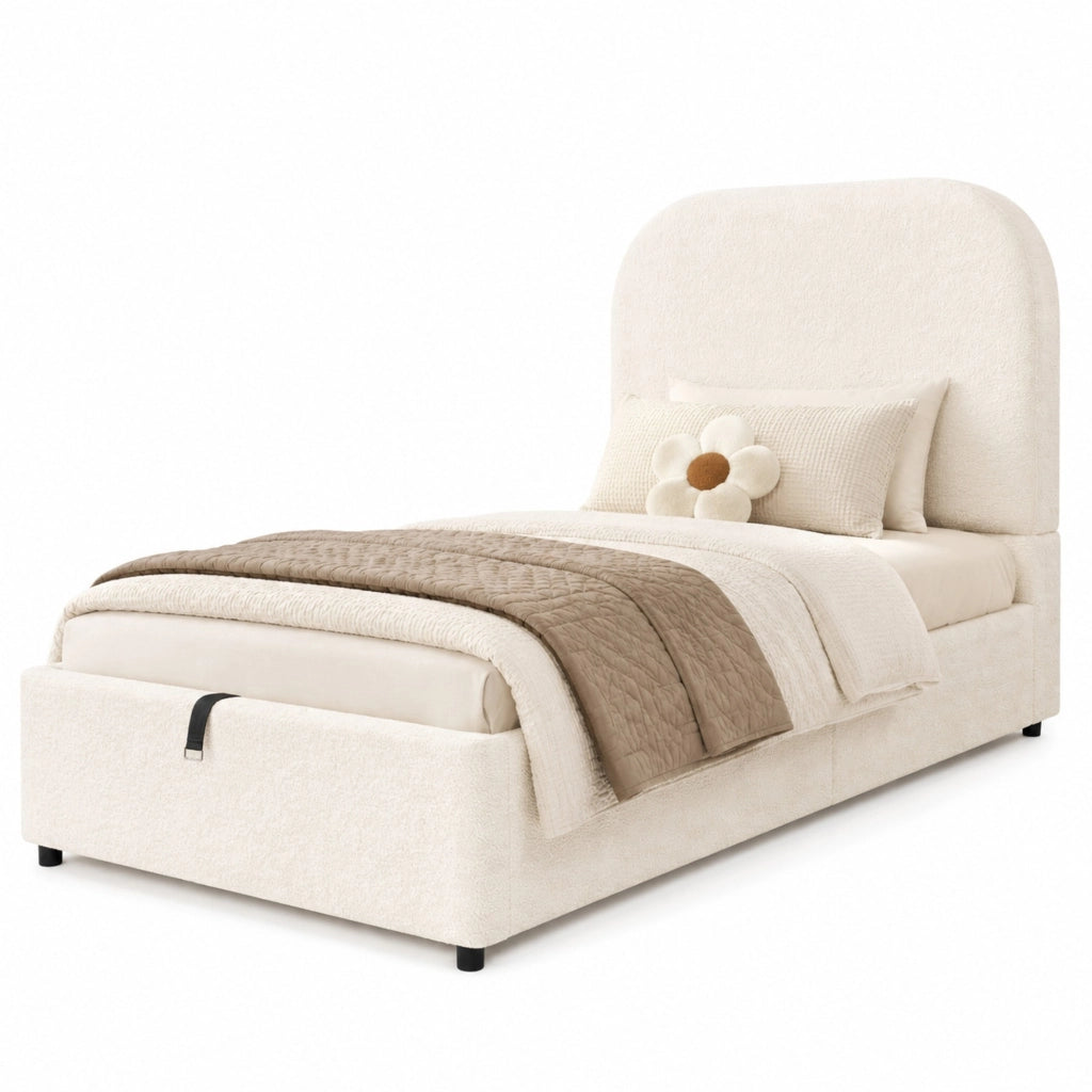 Letto singolo imbottito 90 x 200 cm in tessuto bouclé beige con contenitore idraulico