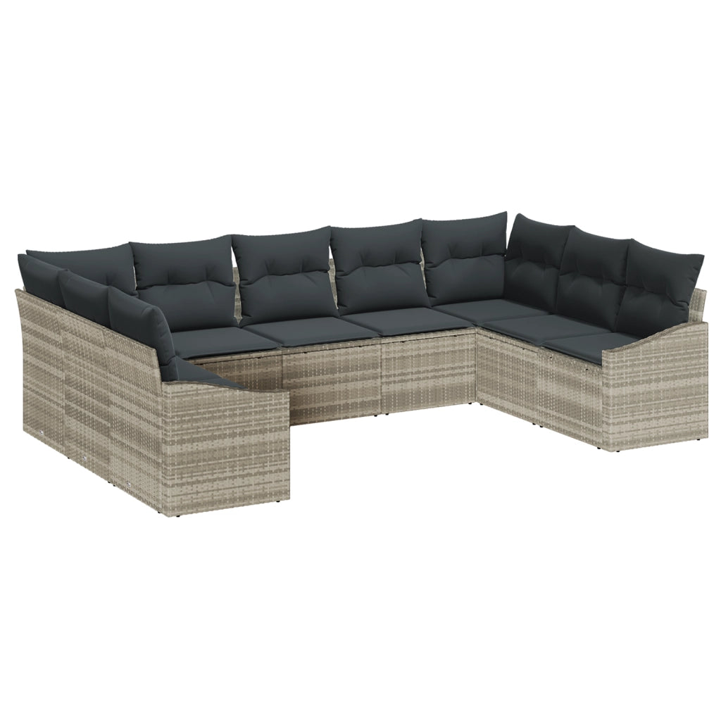 Set Divano da Giardino 9 Pezzi con Cuscini in Rattan Polietilene Grigio Chiaro