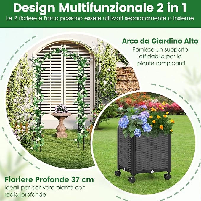 Arco da Giardino con 2 Fioriere Auto-irriganti e Ruote, Supporto per Piante in Metallo Rivestita PE Antiruggine, Grande Arco per Viti e Rose da Matrimonio all'Aperto (Grigio)