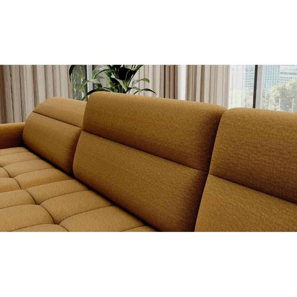 Divano angolare convertibile BERTHO 306 cm giallo arancio – Angolo sinistro con contenitore