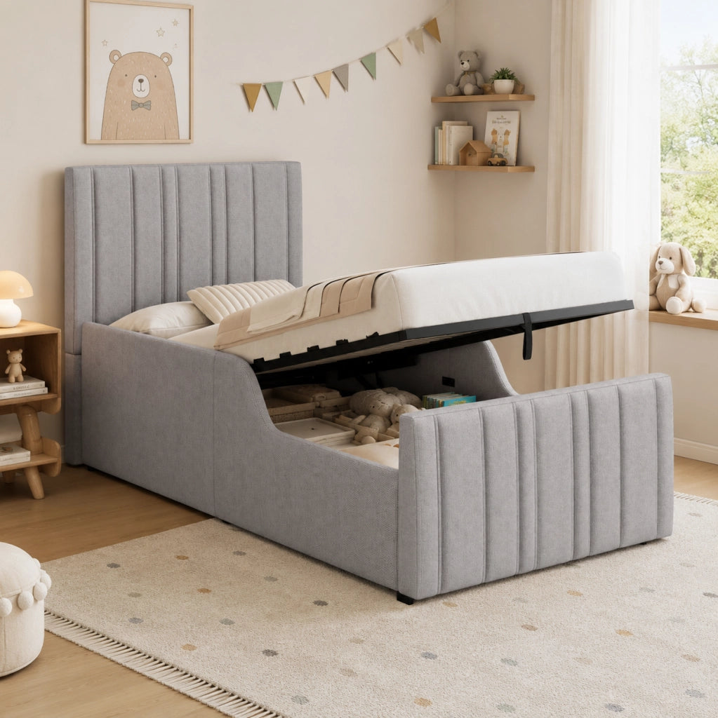 Letto imbottito 90x200 cm con contenitore e testiera trapuntata in lino grigio