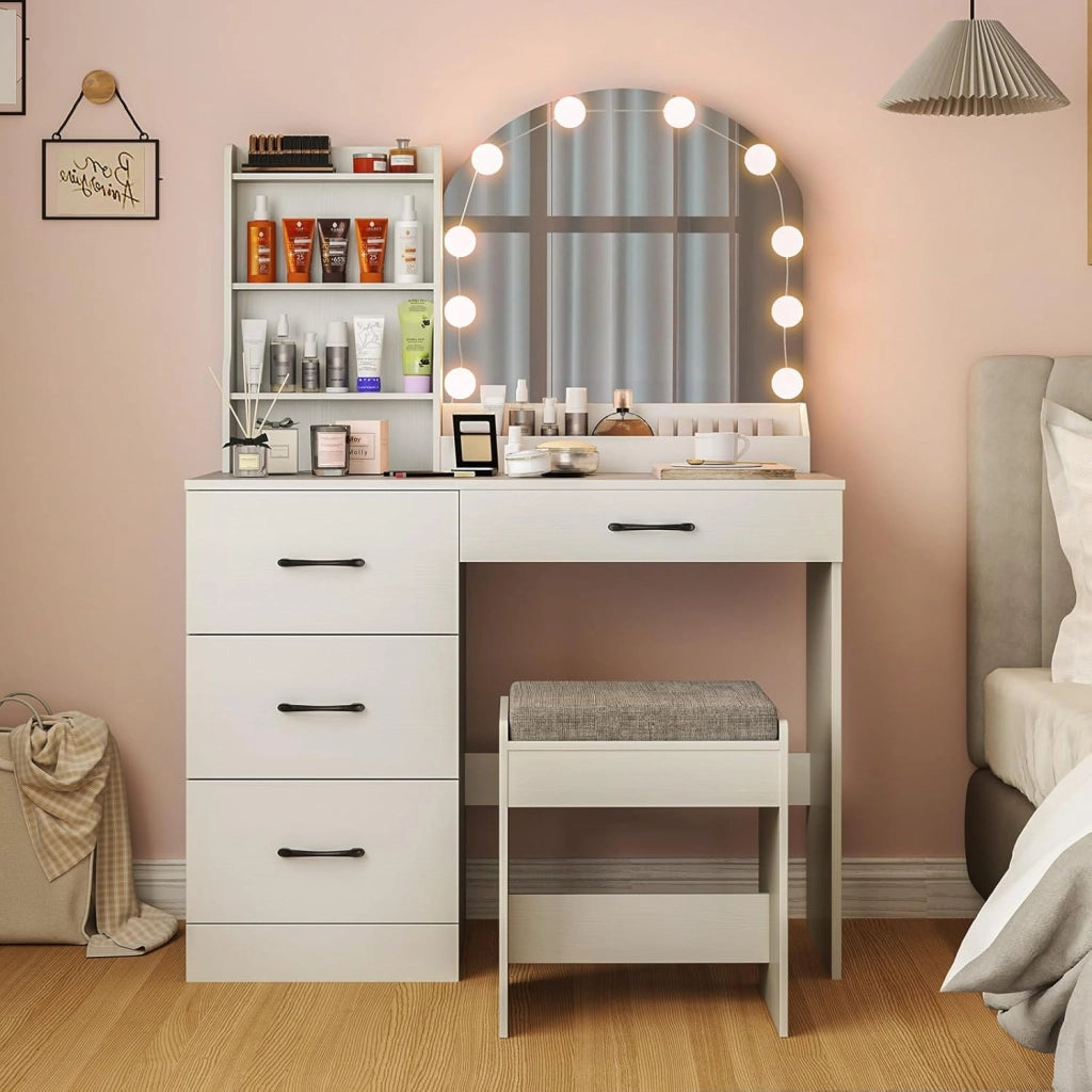 Set da toeletta con specchio illuminato a LED, tavolo da trucco con sgabello imbottito, stazione di ricarica, luci variabili a 3 colori, 4 cassetti, 3 ripiani aperti per camera da letto