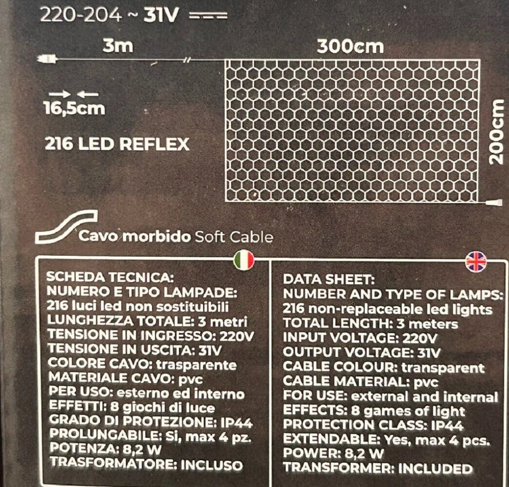Luci Natale Rete luminosa con 216 LED decorazioni natalizie 3x2 mt prolungabile luce calda