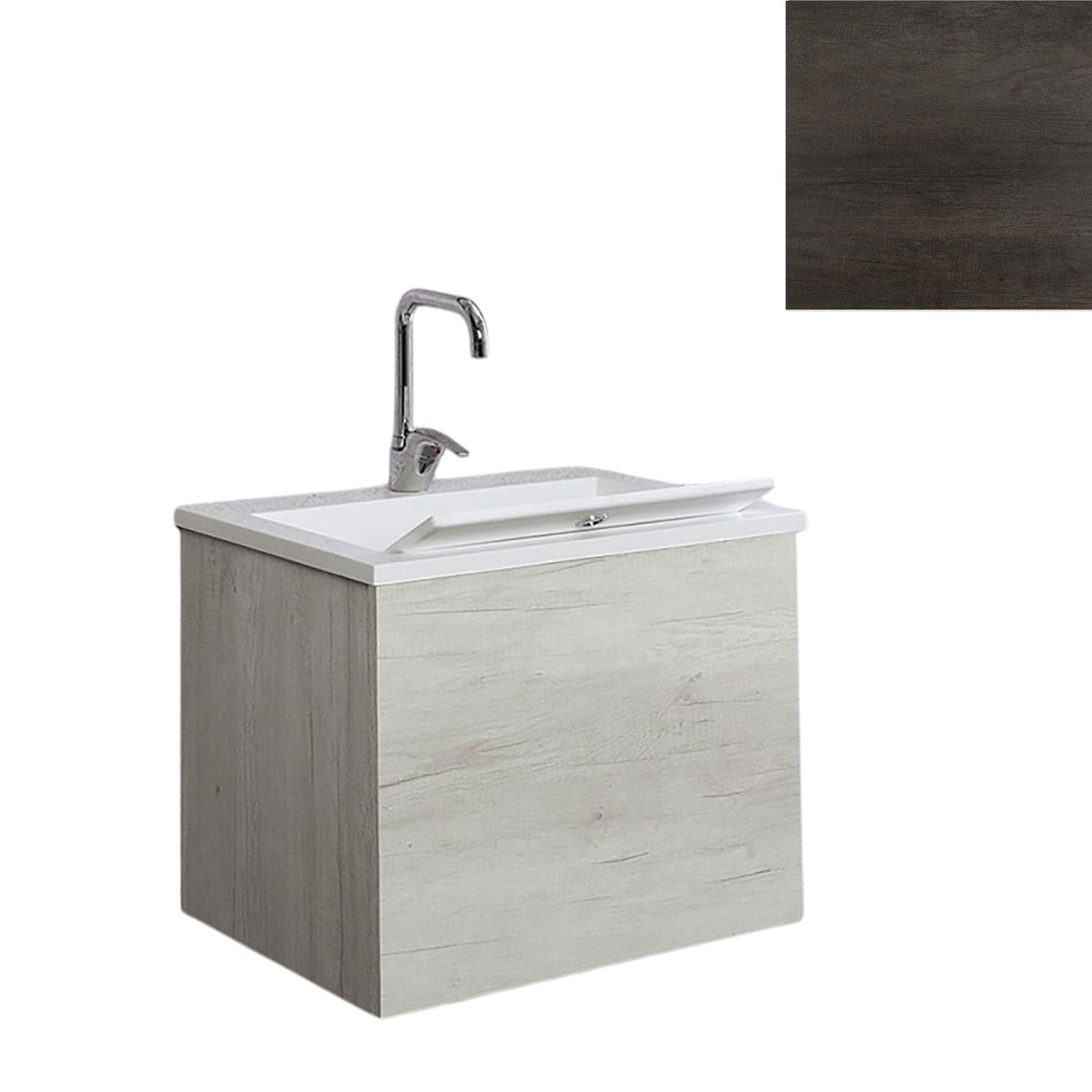 Mobile Lavatoio Sospeso Vasca Zeus in MineralMarmo Apertura a Cassettone 60x48x50 cm Olmo Scuro