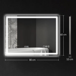 Specchio da bagno LED 80x60 cm con Bluetooth, orologio digitale, funzione antiappannamento e touch, argento
