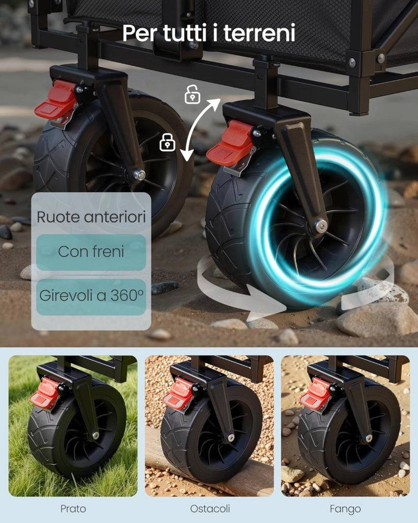 SONGMICS Carrello Pieghevole, Carrello da Giardino, con Manico, 4 Ruote Rinforzate di cui 2 Universali, per Esterni, Giardino, Portante di 180 kg, 200 L, Nero Inchiostro GFW201B101