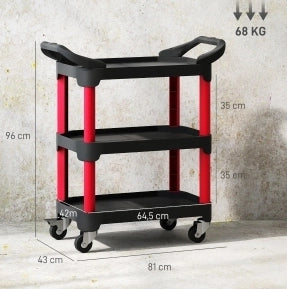 Carrello portautensili a 3 ripiani con ruote e freni, nero