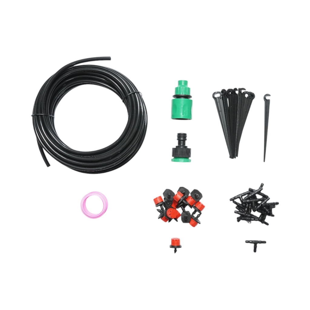Kit completo per irrigazione a goccia con tubo da 10 m, ugelli, connettori e aste di fissaggio (49 pezzi)
