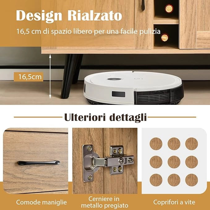 Credenza Buffet Mid Century, Cantinetta Porta bottiglie da 6 Vini, con Cassetto Estraibile e Ripiani Regolabili, Mobile Bar da Cucina e Soggiorno, 90 x 40 x 79 cm, Naturale