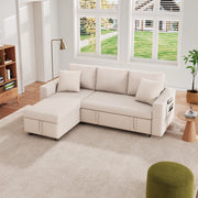 Divano letto multifunzione a L con contenitore e tasche laterali con cuscini in tessuto effetto lino beige