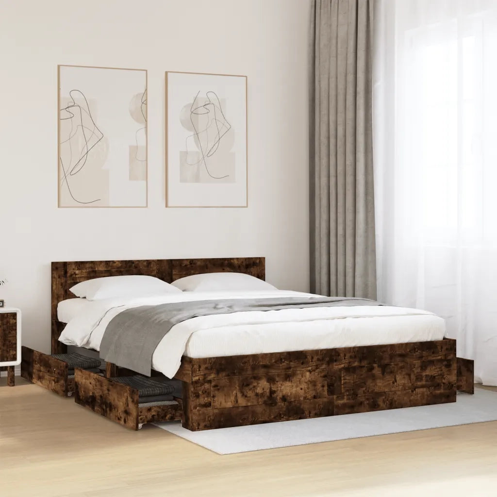 Letto matrimoniale | Letto per adulti | Giroletto con Testiera Rovere Fumo 160x200 cm Legno Multistrato