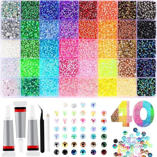 Kit di diamanti in strass XXL con 32.000 pezzi - 40 colori - con 3x 10ml colla - applicazioni per abbigliamento, tazze, scarpe e unghie - pacchetto hobby - 0,3 cm