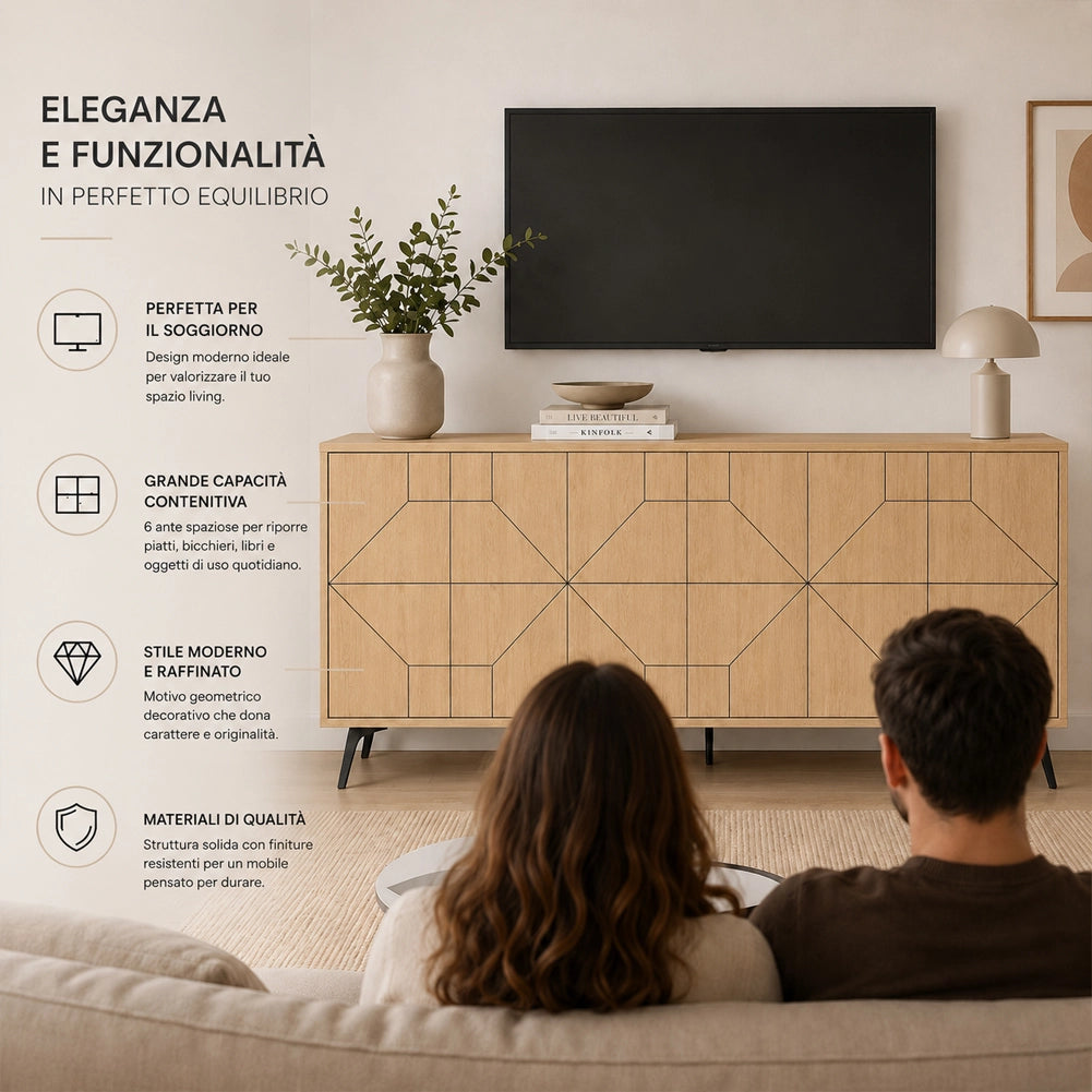 Madia con 6 Ante Credenza Design Geometrico Moderno in Legno 184x77 cm Quercia