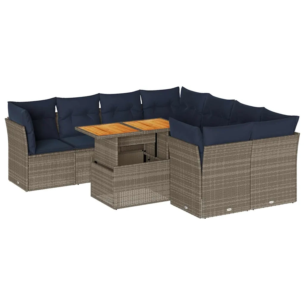 Set Divano da Giardino 9 pz con Cuscini Grigio in Polyrattan