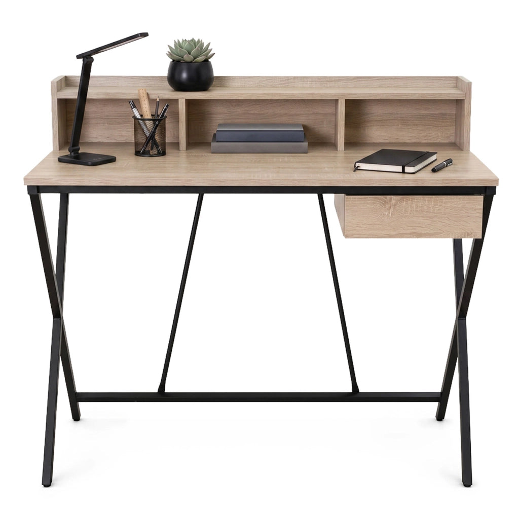 Scrivania PC industriale Rovere Sonoma FLEXO 100 cm 1 cassetto 1 ripiano gambe nere