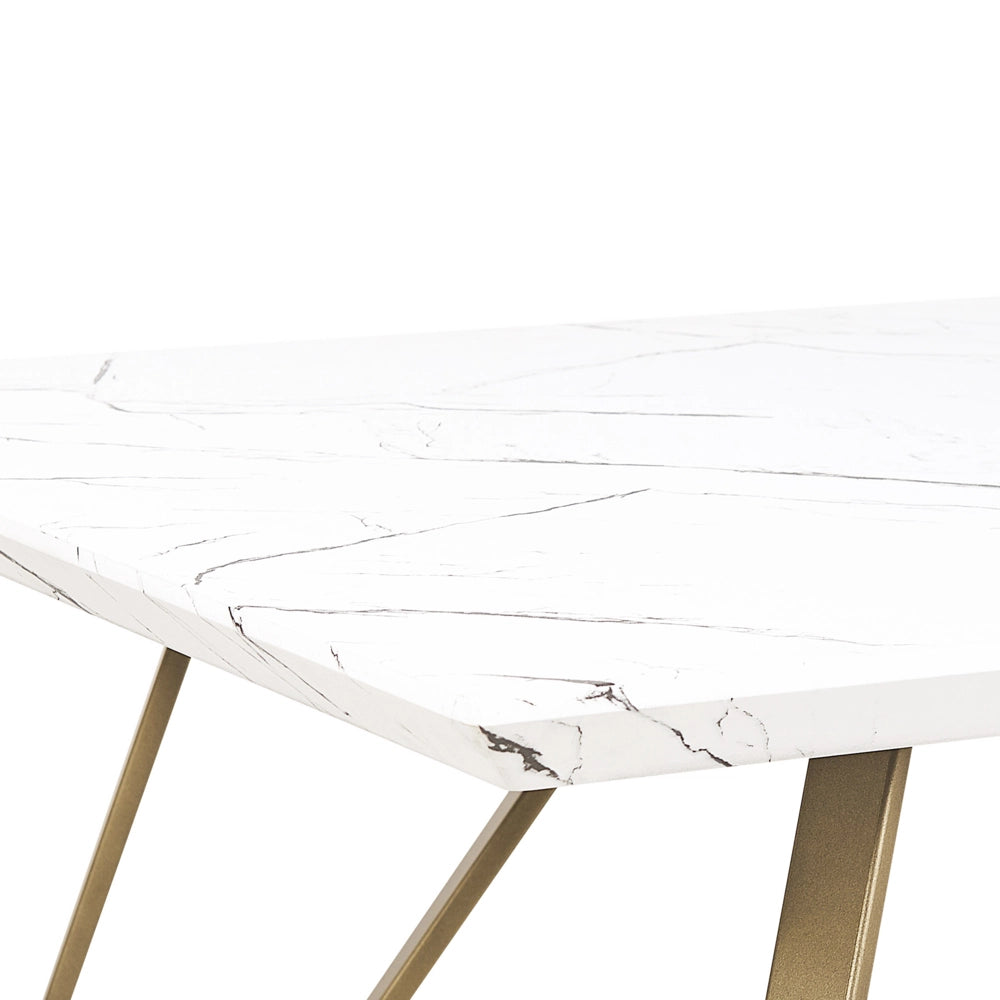 Tavolo da Pranzo Bianco con Piano in MDF dorato Gambe in Metallo 150 x 80 cm Effetto Marmo Glamour Industrial