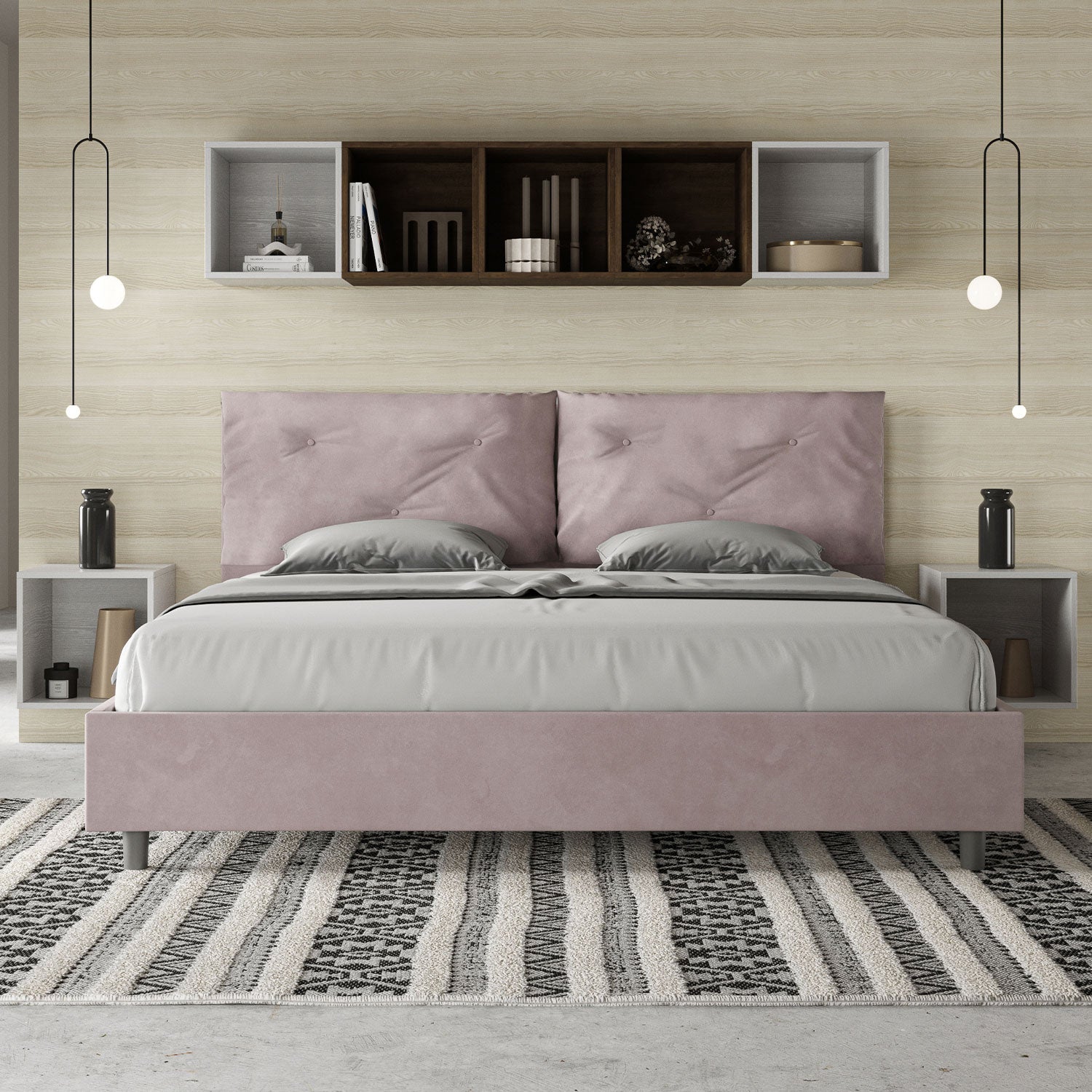 Letto Matrimoniale King Size 200x200 cm con Rete e Contenitore Imbottito in Microfibra Appia Large Glicine