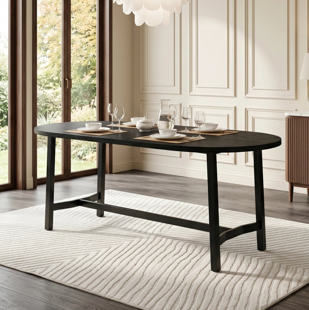 Tavolo da pranzo 180x80 cm con angoli arrotondati in MDF e ferro nero