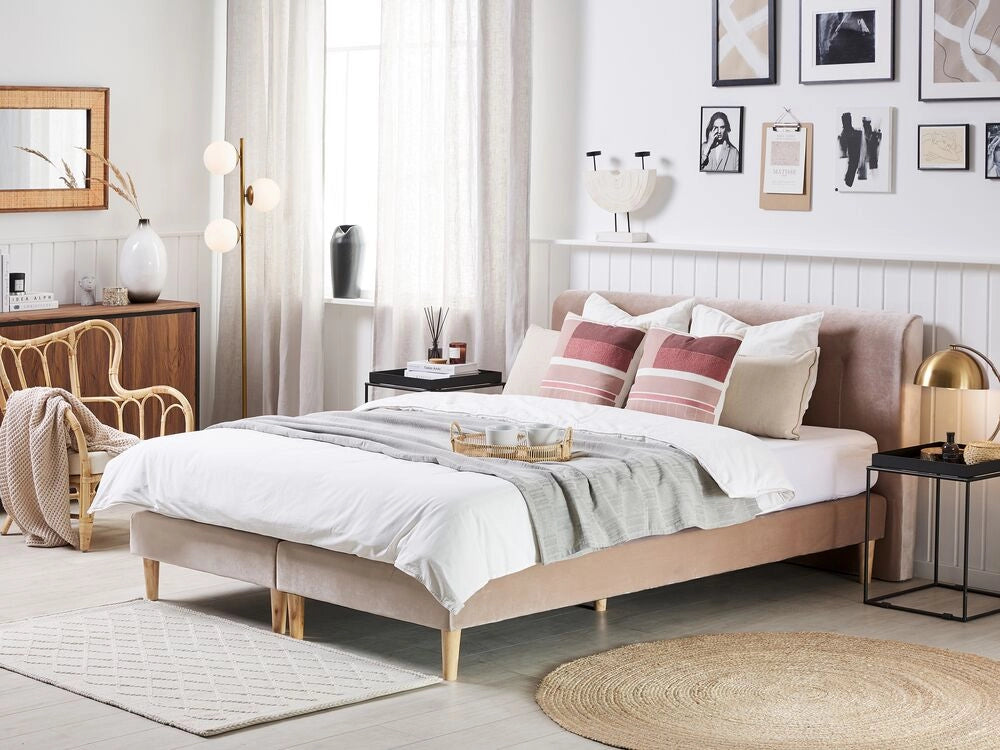 Letto in velluto beige tappezzeria 180 x 200 cm Continental con testiera del materasso a molle