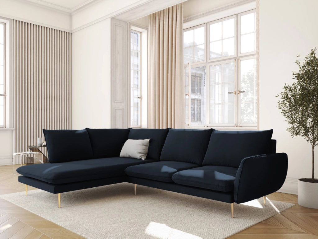 Cosmopolitan Design - Divano angolare sinistro "Vienna" 6 posti in velluto blu scuro 