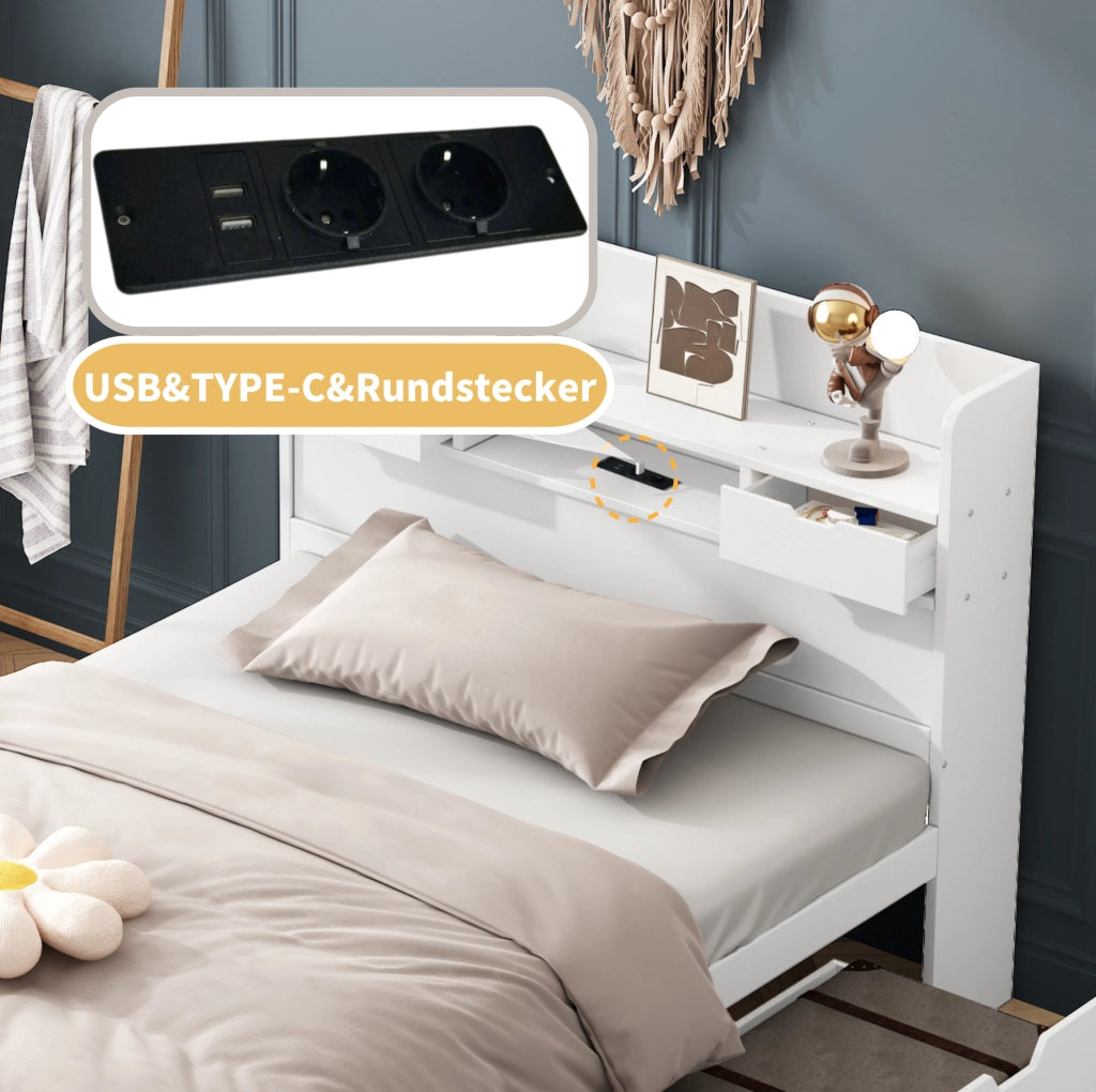Letto singolo multifunzionale 90x200 cm bianco in pino con USB; cassetti e vani contenitori