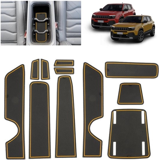 Antislipmatte per Jeep Avenger SUV (2023-2025) | Matrice di gomma originale per console centrale, tappetini e paraurti | Adatto per Jeep Avenger EV, Hybrid, 4x4, 4XE (Giallo)