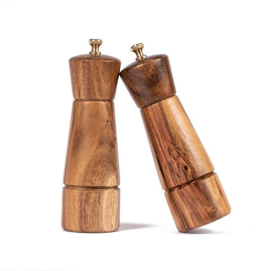 Set di Molini per Sale e Pepe - Ceramico e Acciaio Inossidabile - 2 Pezzi - Legno di Acacia - 16,5 cm