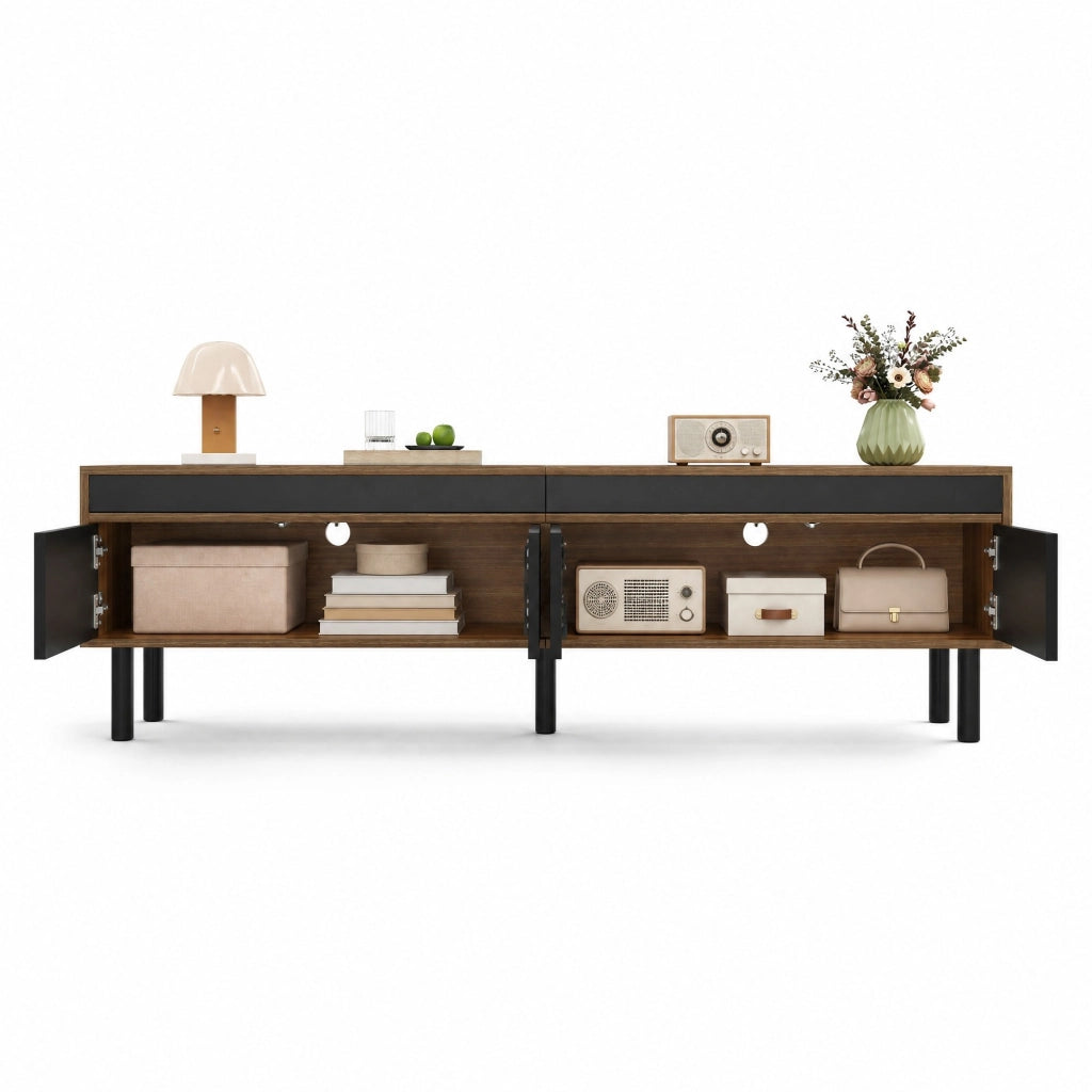 Mobile TV moderno con 4 ante; 170x38x47 cm; nero e effetto legno