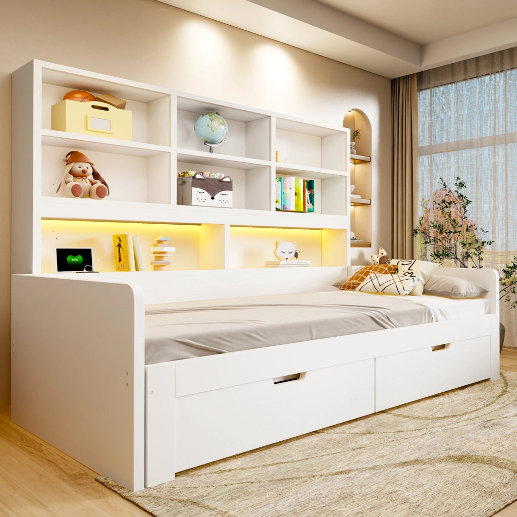 Letto a scomparsa multifunzione 90/180 x 200 cm con LED e prese; bianco