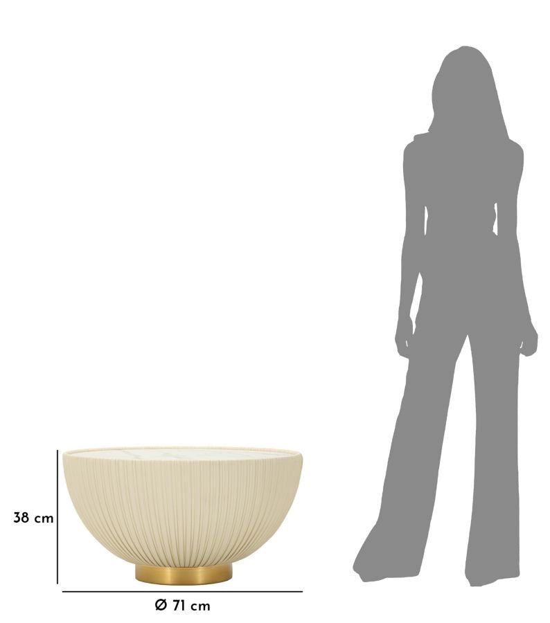 Tavolino da Caffè Elge Ø71x38 cm in Ferro e Ceramica e Poliestere Crema e Oro e Bianco